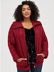 Chunky Cable Zip Up Shawl Sweater Jacket - Deep Red, RUMBA RED, hi-res
