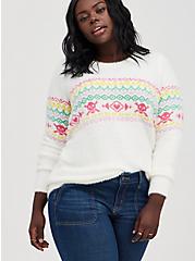 Plus Size Fuzzy Yarn Crew Pullover Sweater - Fair Isle White, MULTI, hi-res