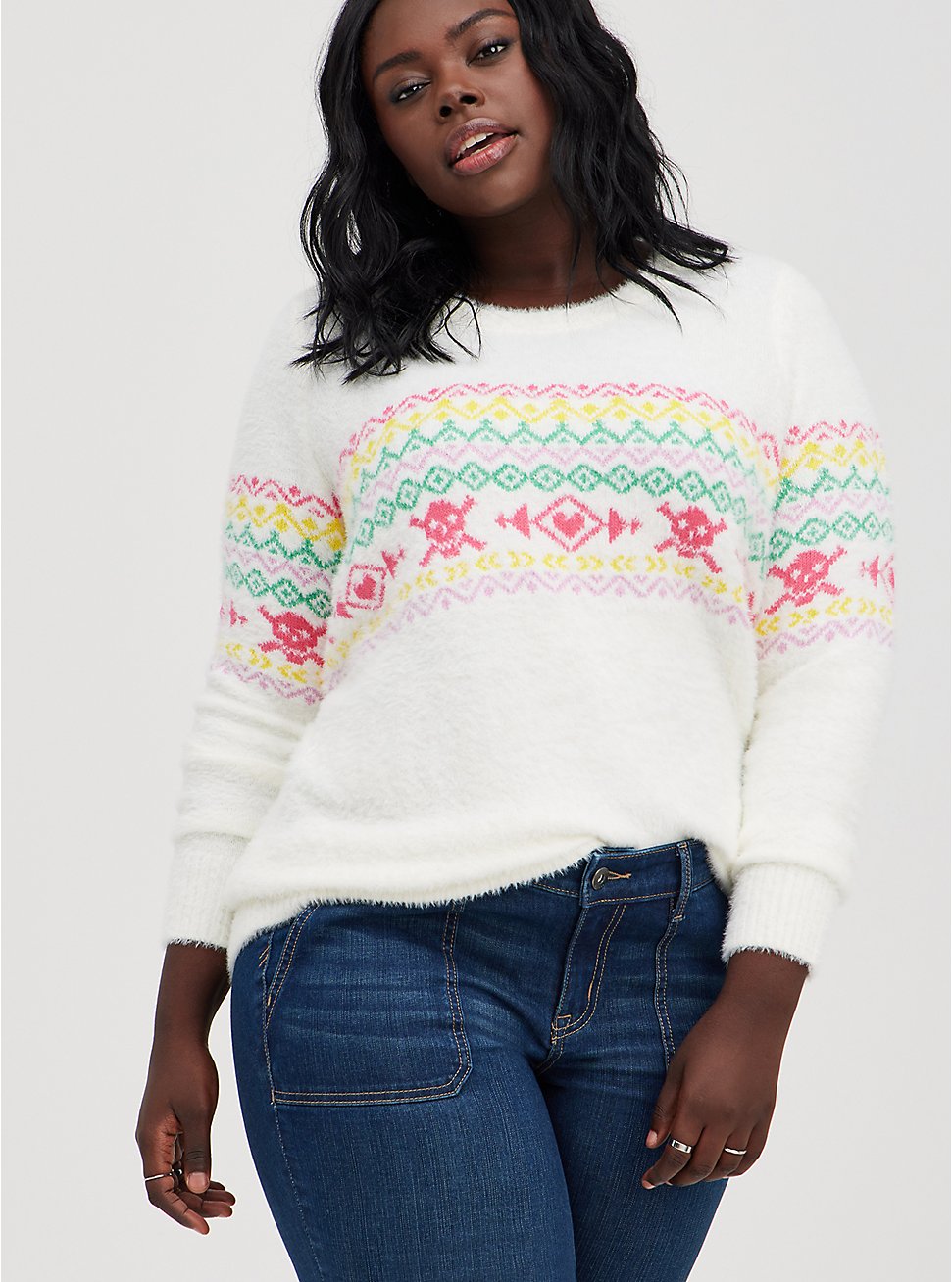 Plus Size Fuzzy Yarn Crew Pullover Sweater - Fair Isle White, MULTI, hi-res
