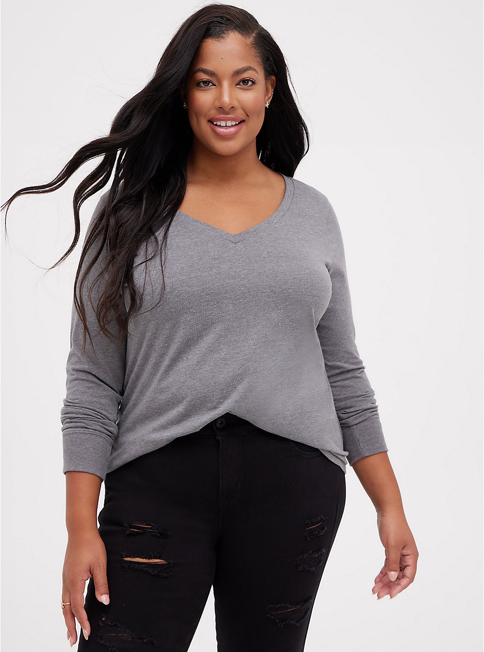 Plus Size Girlfriend Signature Jersey V-Neck Long Sleeve Tee, HEATHER GREY, hi-res