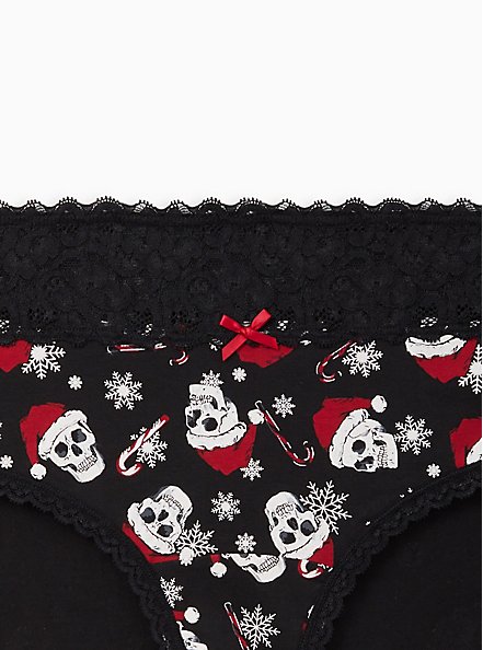 Plus Size Wide Lace Trim Hipster Panty - Cotton Holiday Skulls Black, EDGY HOLIDAY SKULLS, alternate