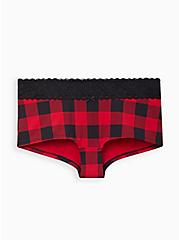 Wide Lace Trim Boyshort Panty - Cotton Buffalo Plaid Black & Red, BUFFALO CHECK, hi-res