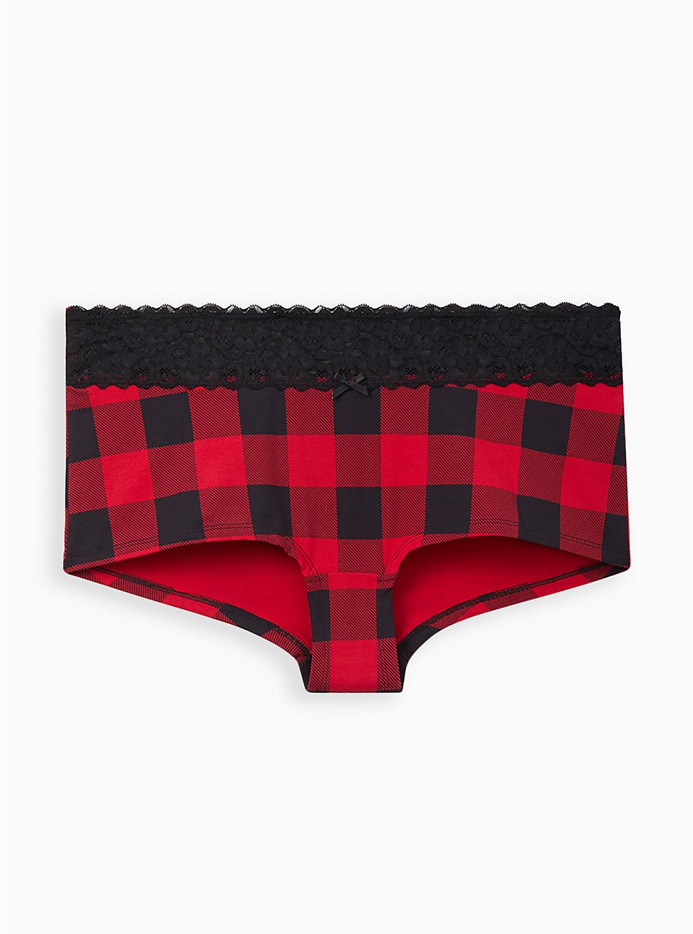 Wide Lace Trim Boyshort Panty - Cotton Buffalo Plaid Black & Red, BUFFALO CHECK, hi-res