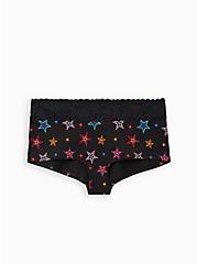 Plus Size Wide Lace Trim Boyshort Panty - Cotton Stars Black, OUTLINE EXTRA STAR- BLACK, hi-res