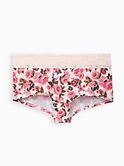 Plus Size Wide Lace Boyshort Panty - Cotton Floral Pink, , hi-res