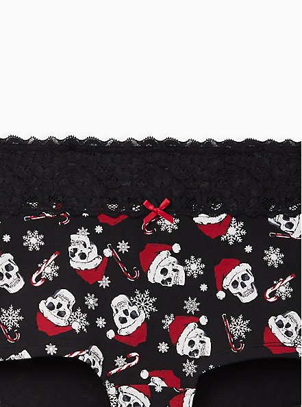 Wide Lace Trim Boyshort Panty - Cotton Holiday Skulls Black, EDGY HOLIDAY SKULLS, alternate