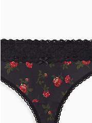 Wide Lace Trim Thong Panty - Cotton Roses Black, , alternate