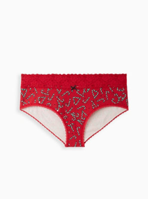 Plus Size - Wide Lace Trim Cheeky Panty - Cotton Candy Cane Red - Torrid