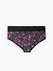 Plus Size Wide Lace Trim Cheeky Panty - Cotton Floral Black, WATER OUTLINE FLORAL, alternate