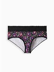 Plus Size Wide Lace Trim Cheeky Panty - Cotton Floral Black, WATER OUTLINE FLORAL, hi-res