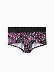 Plus Size Wide Lace Trim Boyshort Panty - Cotton Floral Black, WATER OUTLINE FLORAL, hi-res