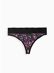 Wide Lace Trim Thong Panty - Cotton Floral Black, WATER OUTLINE FLORAL, hi-res