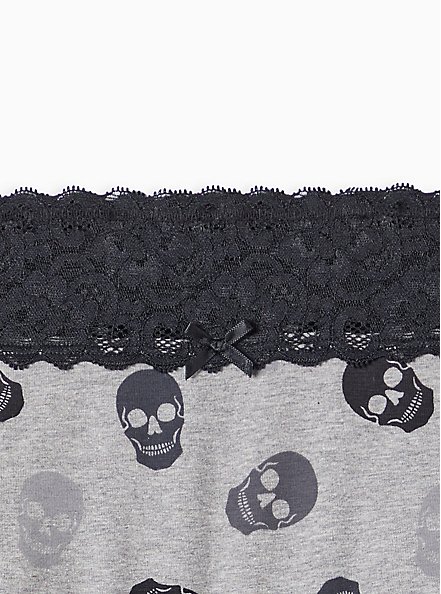 Wide Lace Trim Boyshort Panty - Cotton Skulls Grey, MERRY SKULL, alternate