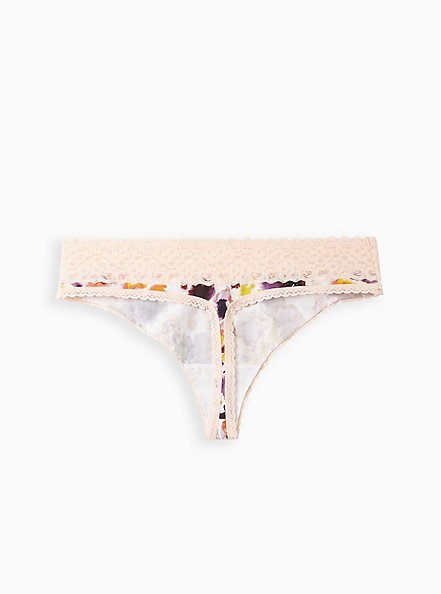 Wide Lace Trim Thong Panty - Cotton Floral Pink, MIRAGE FLORAL, alternate