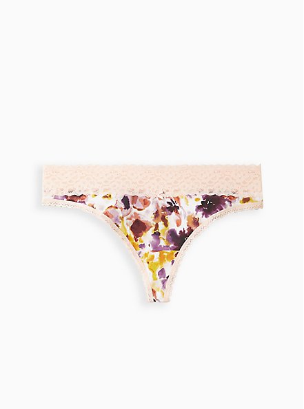 Wide Lace Trim Thong Panty - Cotton Floral Pink, MIRAGE FLORAL, hi-res