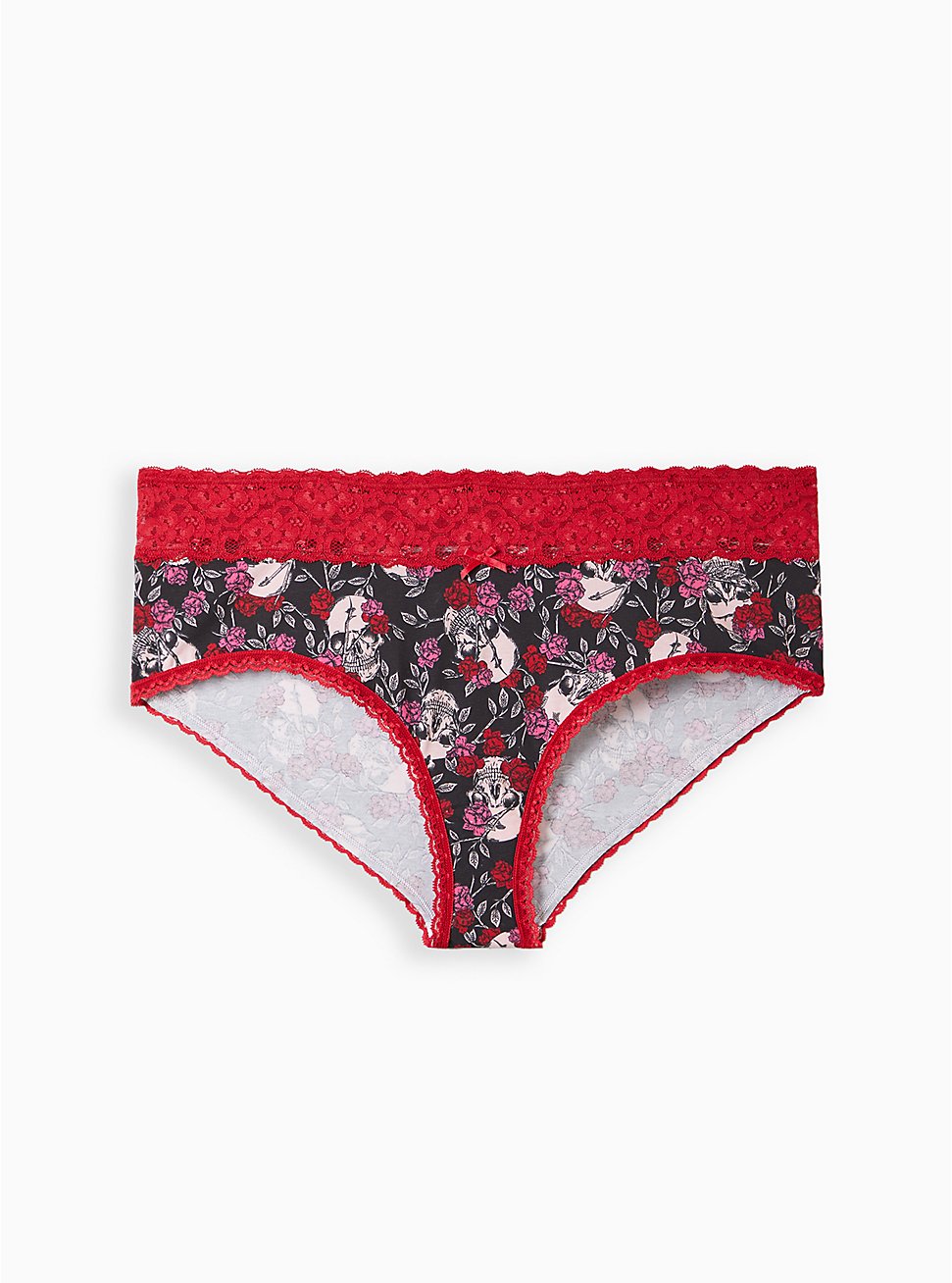 Plus Size Wide Lace Cheeky Panty - Cotton Skull Black, ROSE BUD SKULLS, hi-res
