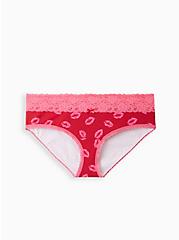 Plus Size Wide Lace Trim Hipster Panty - Cotton Lips Red, HOLIDAY LIPS- RED, hi-res