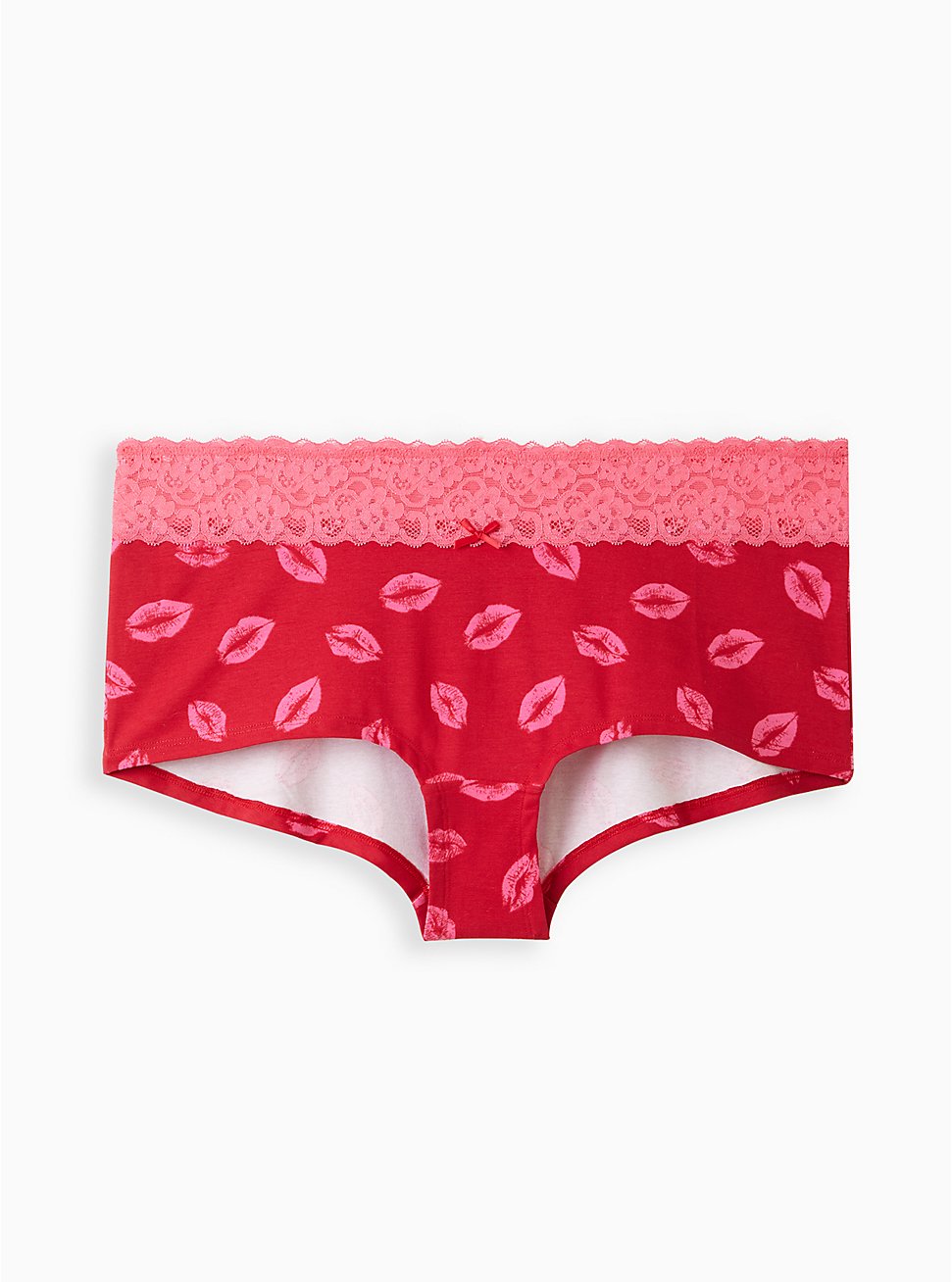 Plus Size Wide Lace Boyshort Panty - Cotton Lips Red, HOLIDAY LIPS- RED, hi-res