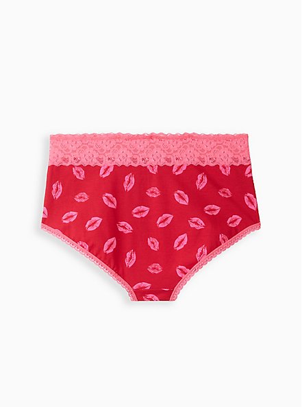 Wide Lace Trim Brief Panty - Cotton Lips Red, HOLIDAY LIPS- RED, alternate