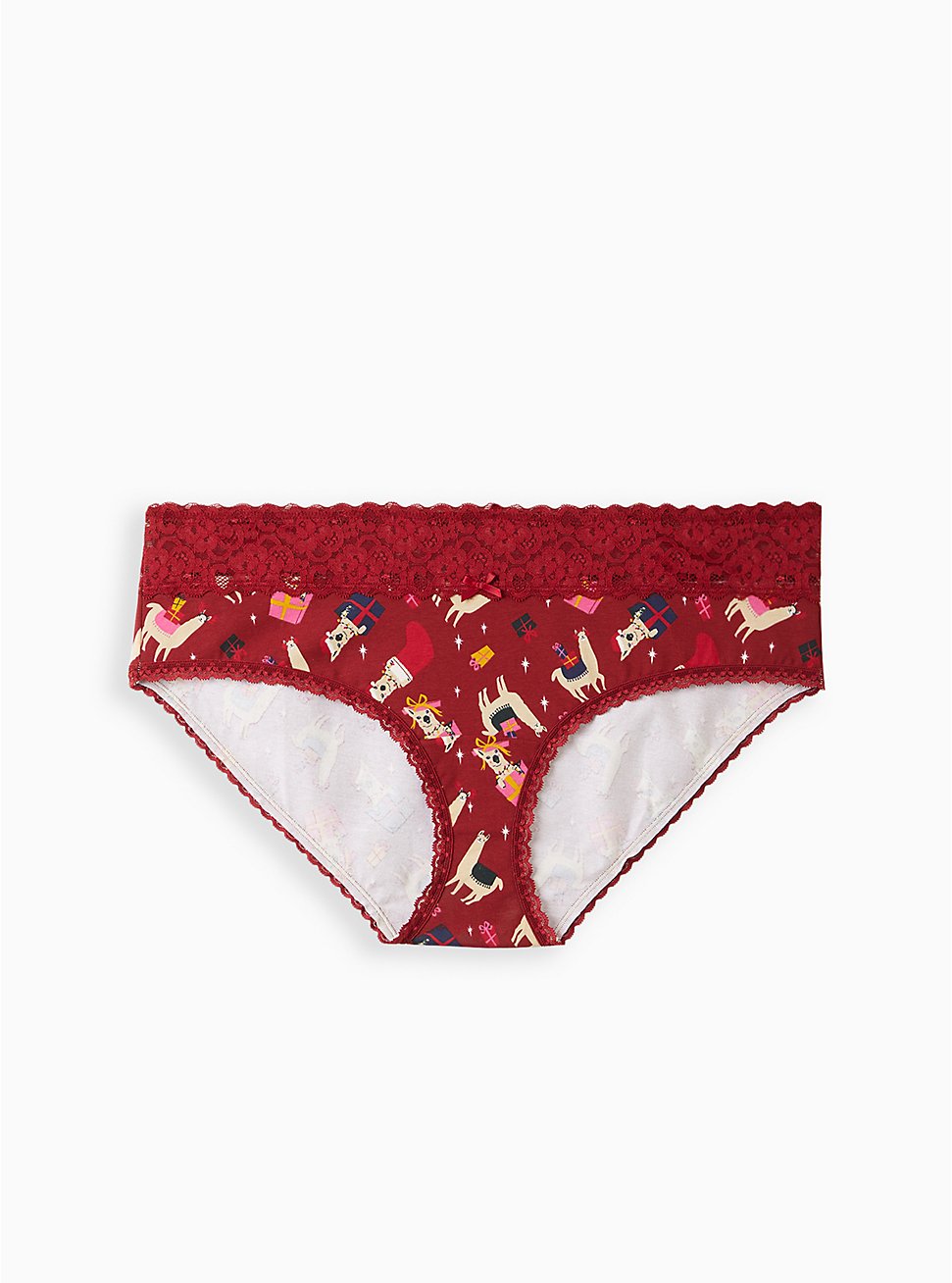 Plus Size Wide Lace Trim Hipster Panty - Cotton Festive Llama Red, FESTIVE LLAMAS, hi-res