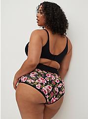 Plus Size Wide Lace High Waist Cheeky Panty - Cotton Floral Black, DARLING FLORAL, alternate