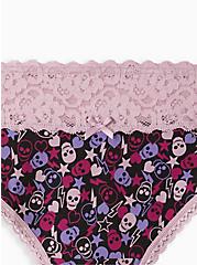 Plus Size Wide Lace Trim Thong Panty - Cotton Layered Skulls Black, LAYERED SKULLS, alternate