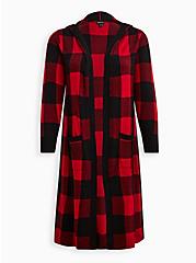 Plus Size Hooded Cardigan - Plaid Red, PLAID - RED, hi-res