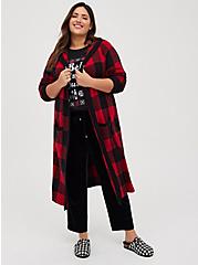 Plus Size Hooded Cardigan - Plaid Red, PLAID - RED, hi-res