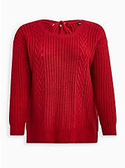 Cable Sweater Tie Back Sweater, RED, hi-res