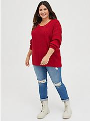 Plus Size Drop Shoulder Pullover Sweater -  Cable Heart Red, RUMBA RED, alternate