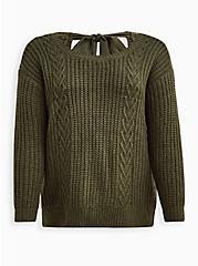 Drop Shoulder Pullover Sweater - Cable Heart Olive, DEEP DEPTHS, hi-res