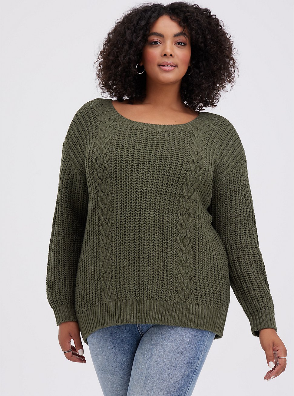 Drop Shoulder Pullover Sweater - Cable Heart Olive, DEEP DEPTHS, hi-res