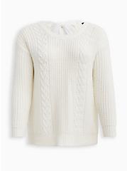 Drop Shoulder Pullover Sweater - Drop Shoulder Cable Heart White, TAN/BEIGE, hi-res