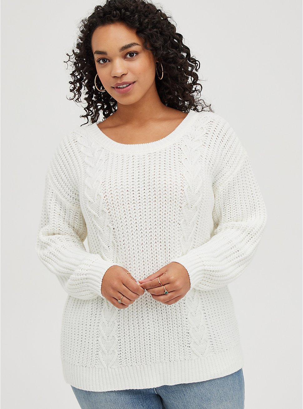 Drop Shoulder Pullover Sweater - Drop Shoulder Cable Heart White, TAN/BEIGE, hi-res