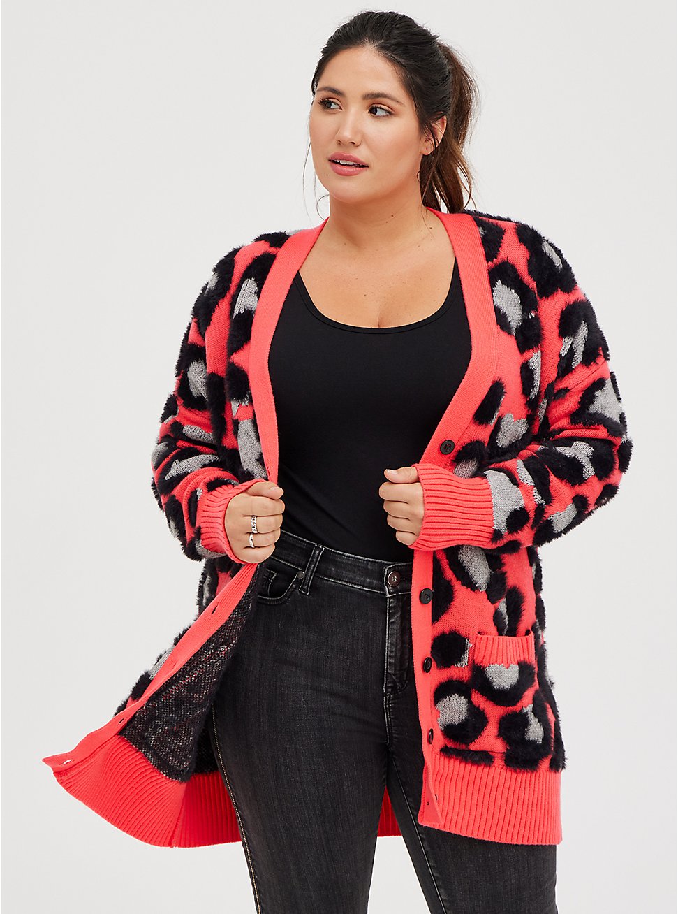 Plus Size Button Front Cardigan Sweater - Leopard, LEOPARD - PINK, hi-res