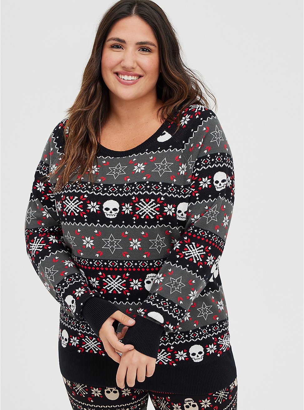 Plus Size Raglan Sweater - Fair Isle Skull Black, MULTI, hi-res