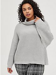 Pullover Mock Neck Drop Shoulder Sweater, LIGHT GREY, hi-res