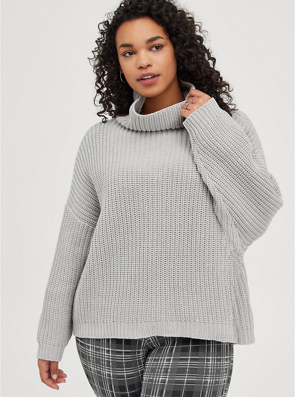 Plus Size Drop Shoulder Turtle Neck Sweater - Light Grey, LIGHT GREY, hi-res