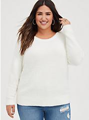 Pullover Lace Trim V-Neck Sweater, WHITE, alternate