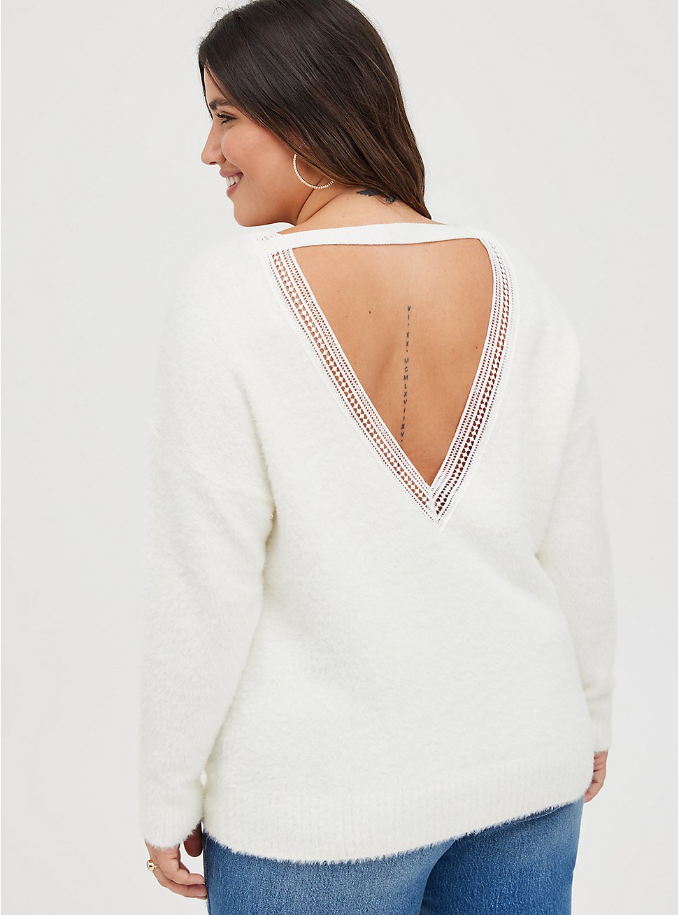 Pullover Lace Trim V-Neck Sweater, WHITE, hi-res