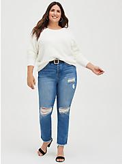 Plus Size Drop Shoulder Pullover Sweater - Crochet Trim White, WHITE, alternate