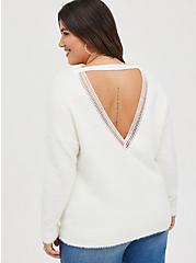 Drop Shoulder Pullover Sweater - Crochet Trim White, WHITE, hi-res