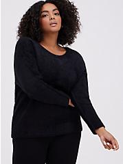 Crochet Trim Drop Shoulder Pullover Sweater - Black, DEEP BLACK, alternate