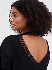 Crochet Trim Drop Shoulder Pullover Sweater - Black, DEEP BLACK, alternate