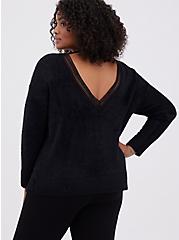 Crochet Trim Drop Shoulder Pullover Sweater - Black, DEEP BLACK, hi-res