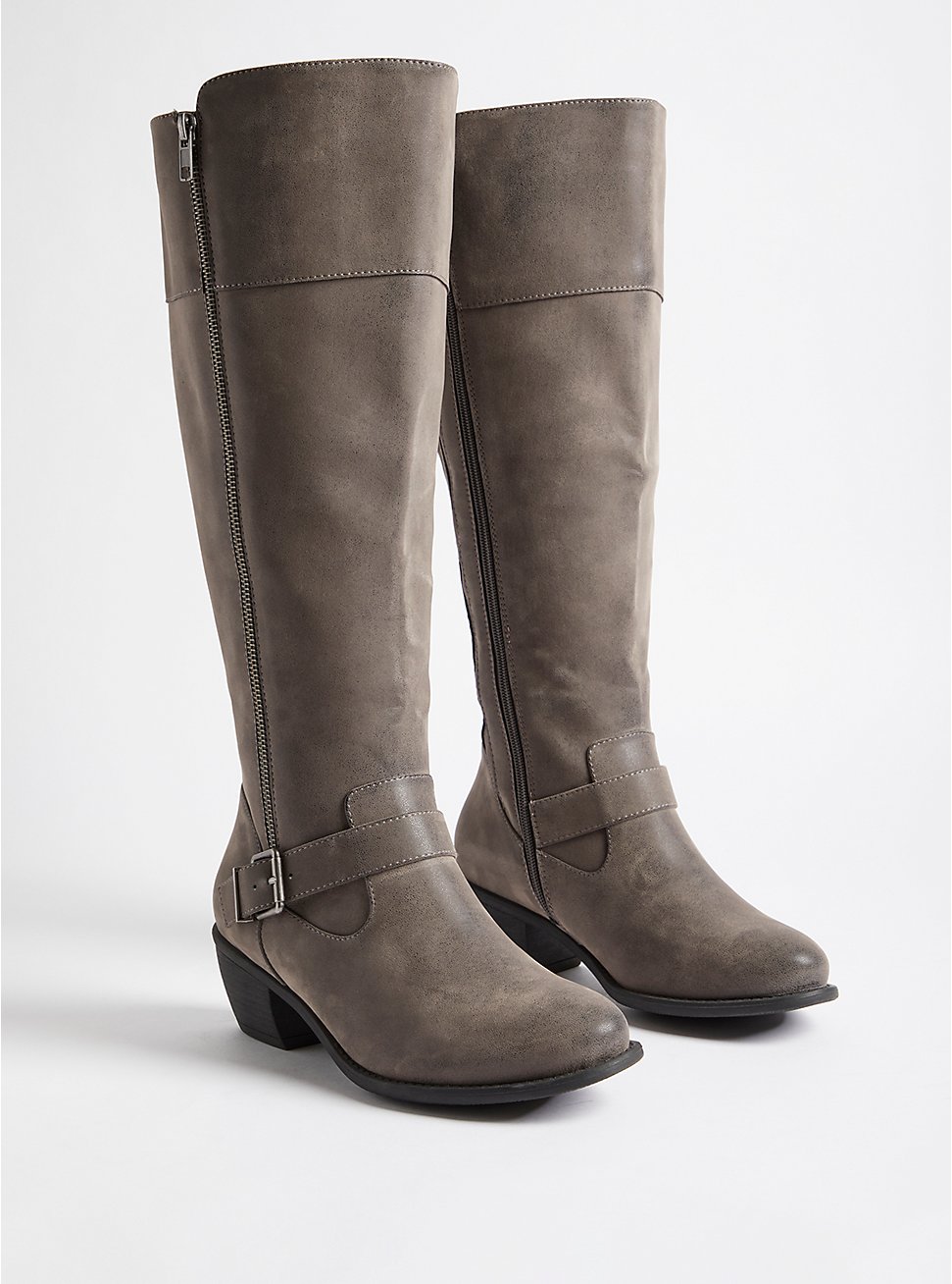 Plus Size Double Buckle Knee Boot - Faux Oiled Suede Grey (WW), GREY, hi-res
