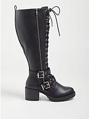 Plus Size Faux Leather Double Buckle Lace-Up Knee Boot (WW), BLACK, alternate