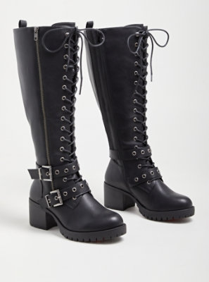 Plus Size - Faux Leather Double Buckle Lace-Up Knee Boot (WW) - Torrid