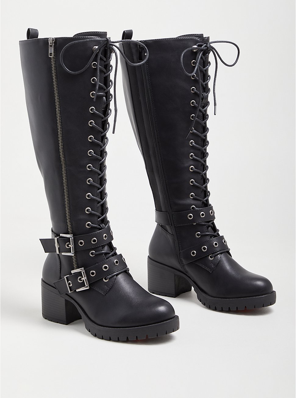 Plus Size Faux Leather Double Buckle Lace-Up Knee Boot (WW), BLACK, hi-res