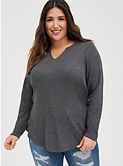 Plus Size Waffle Top - Charcoal, CHARCOAL  GREY, hi-res